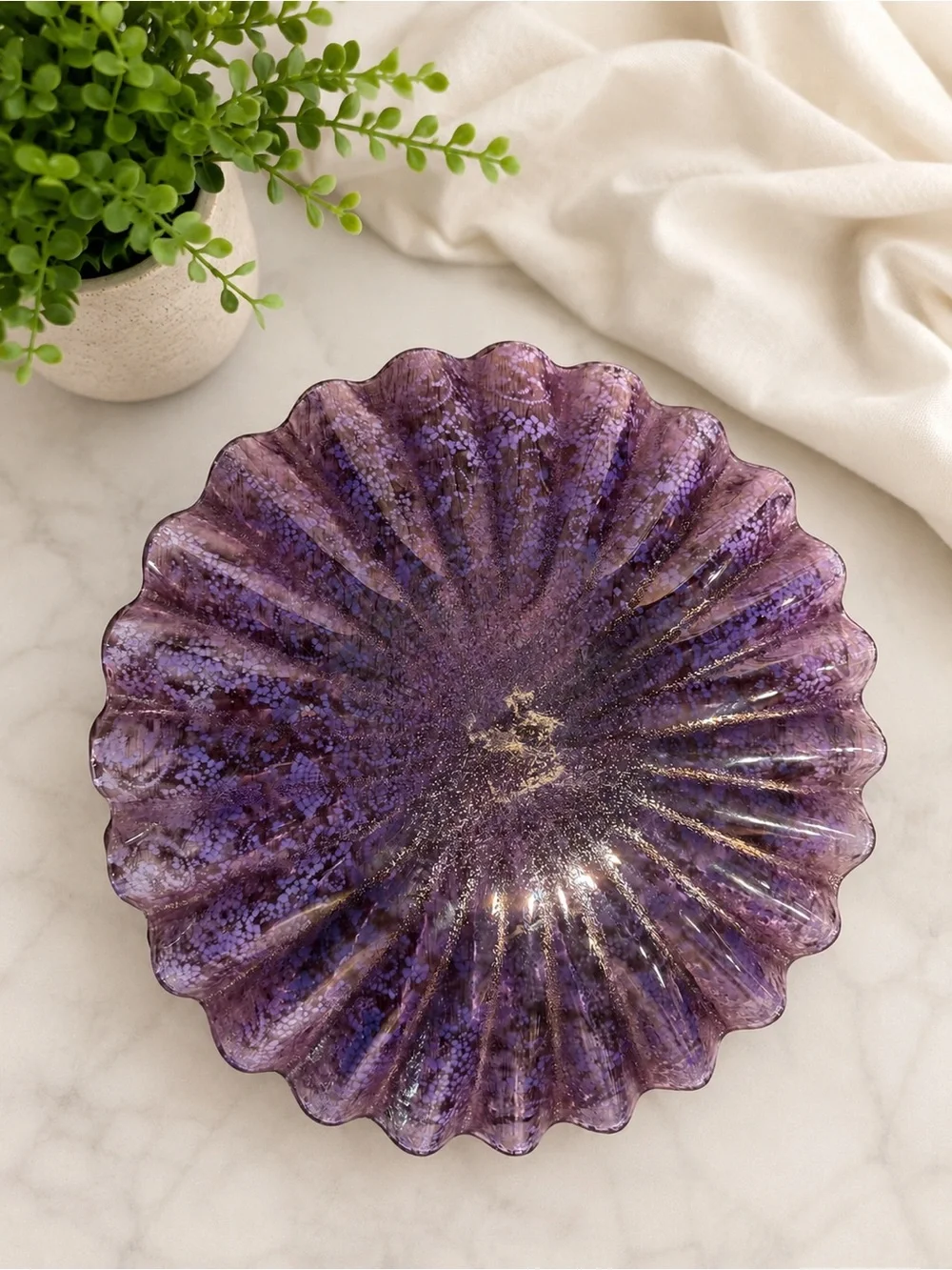 Decorative Purple lace paisley Glass Scalloped Serving Plate